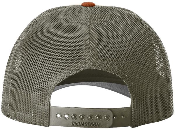Am image of a Custom Richardson Low Pro Trucker Cap in Cream/Loden Green/Dark Orange!