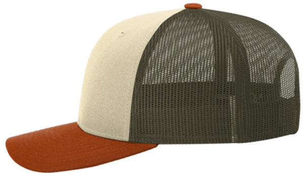 An image of a Custom Richardson Low Pro Trucker Cap in Cream/Loden Green/Dark Orange!