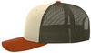 An image of a Custom Richardson Low Pro Trucker Cap in Cream/Loden Green/Dark Orange!