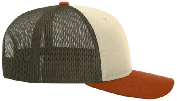 An image of a Custom Richardson Low Pro Trucker Cap in Cream/Loden Green/Dark Orange!