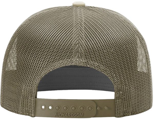 An image of a Custom Richardson Seven Panel Trucker Cap in Pale Khaki/Loden!