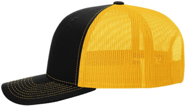 An image of a Custom Richardson Snapback Trucker Cap in Black/Gold!