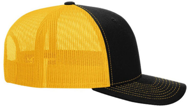 An image of a Custom Richardson Snapback Trucker Cap in Black/Gold!