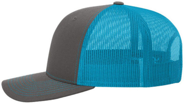 An image of a Custom Richardson Snapback Trucker Cap in Charcoal/Neon Blue!