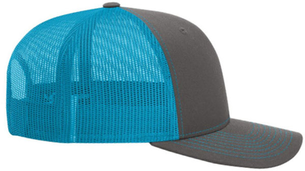 An image of a Custom Richardson Snapback Trucker Cap in Charcoal/Neon Blue!