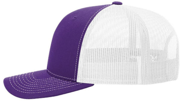 An image of a Custom Richardson Snapback Trucker Cap in Purple/White!