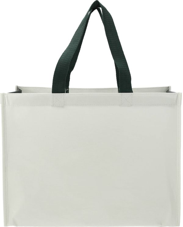 Am image of a Custom RPET Laminated Matte Shopper Tote in Natural/Hunter Green!