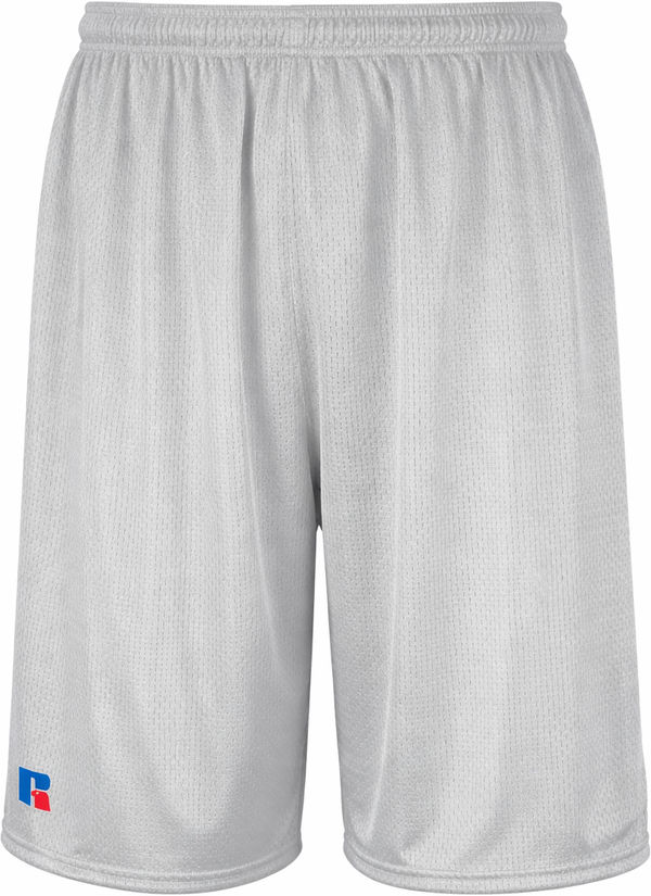 An image of a Custom Russell Athletics Youth Dri Power Mesh Shorts in Grid Iron Silver!