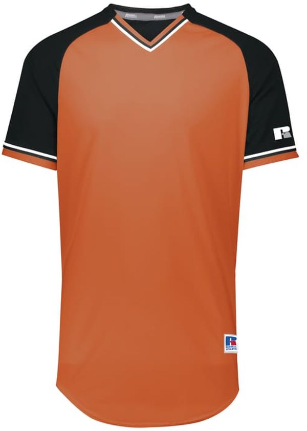 An image of a Custom Russell Athletic Classic V Neck Jersey in Burnt Orange/Black/White!