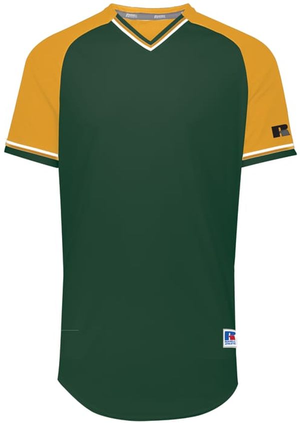 An image of a Custom Russell Athletic Classic V Neck Jersey in Dark Green/Gold/White!