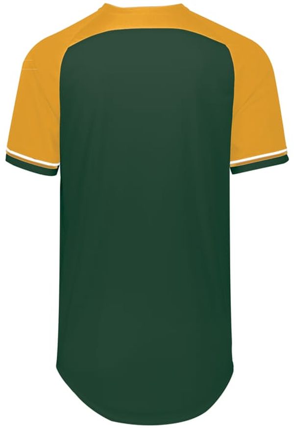 An image of a Custom Russell Athletic Classic V Neck Jersey in Dark Green/Gold/White!