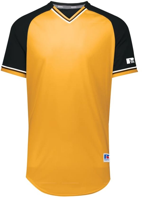 An image of a Custom Russell Athletic Classic V Neck Jersey in Gold/Black/White!