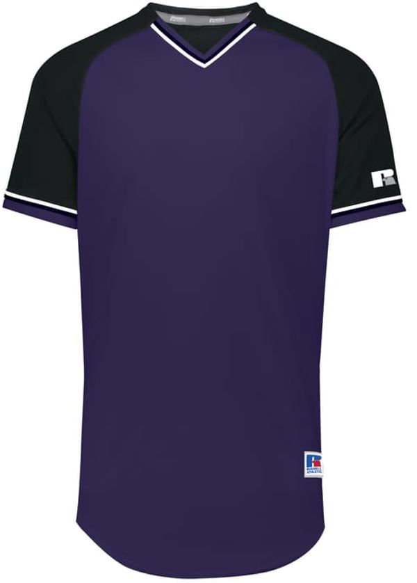 An image of a Custom Russell Athletic Classic V Neck Jersey in Purple/Black/White!