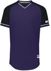 An image of a Custom Russell Athletic Classic V Neck Jersey in Purple/Black/White!