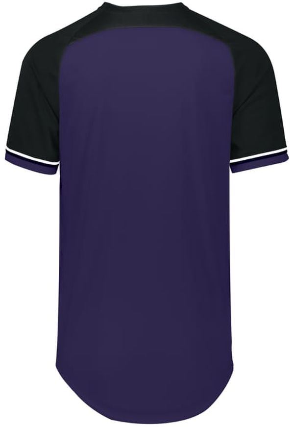 An image of a Custom Russell Athletic Classic V Neck Jersey in Purple/Black/White!