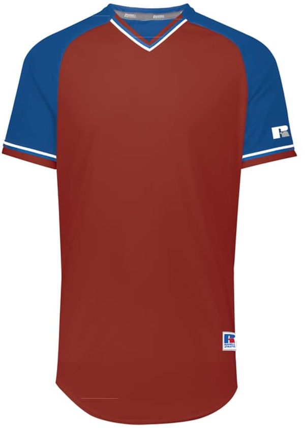 An image of a Custom Russell Athletic Classic V Neck Jersey in True Red/Royal/White!