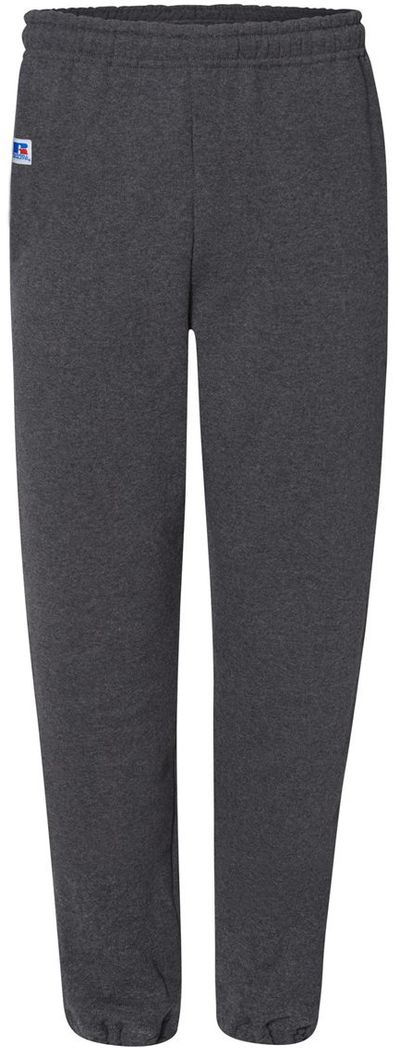 Am image of a Custom Russell Athletic DriPower Closed Bottom Sweatpants with Pockets in Black Heather!