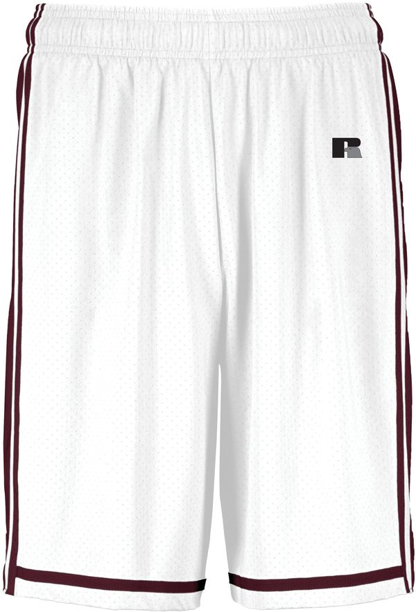 An image of a Custom Russell Athletic Legacy Basketball Shorts in White/Maroon!
