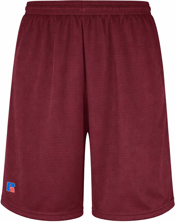 An image of a Custom Russell Athletic Mesh Shorts With Pockets in Maroon!