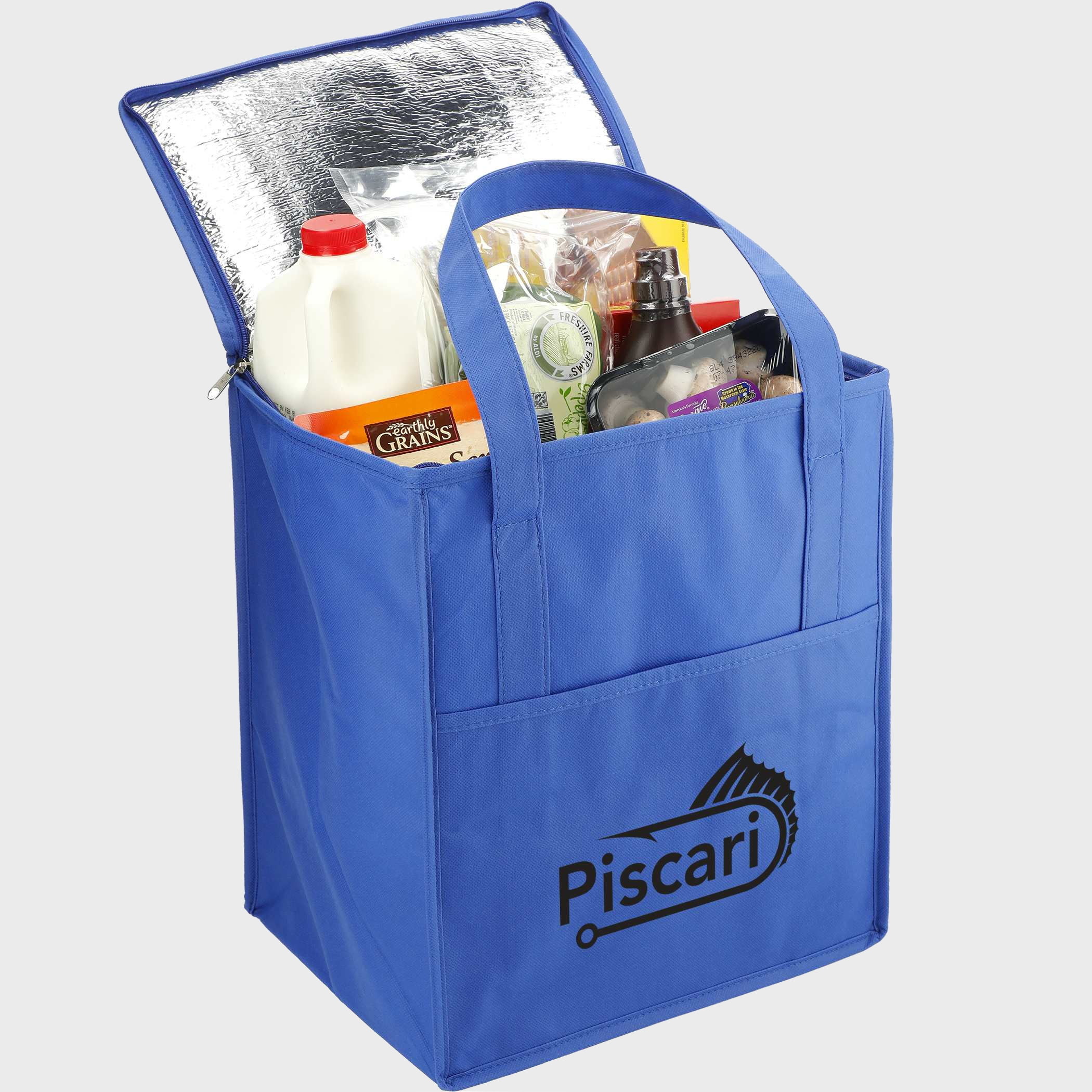 A reusable grocery bag that is filled with groceries and has a custom design printed on it.