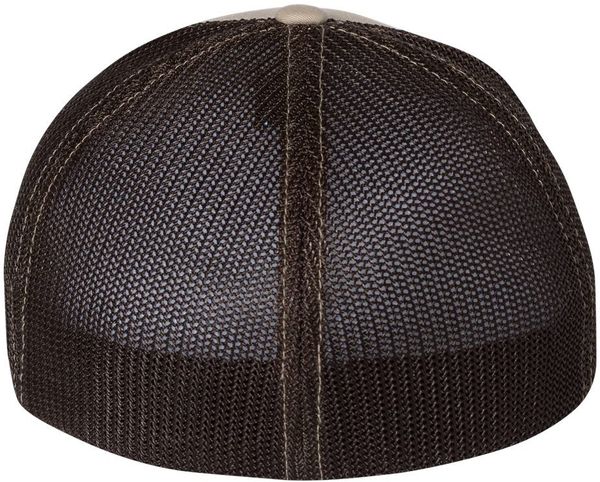 Am image of a Custom Richardson Fitted Trucker with R Flex in Khaki/Coffee!