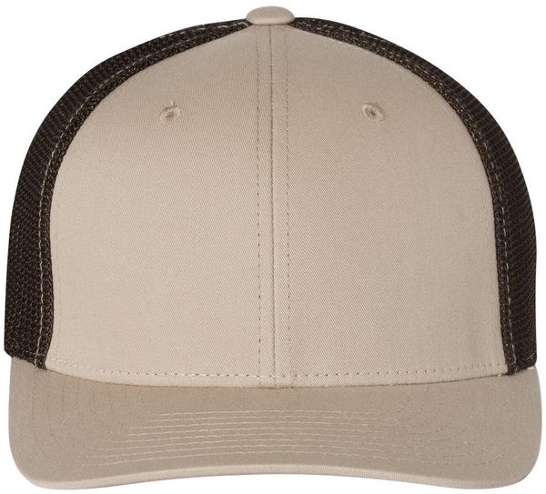 Am image of a Custom Richardson Fitted Trucker with R Flex in Khaki/Coffee!