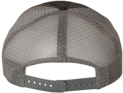 Am image of a Custom Richardson Garment Washed Trucker Cap in Black/Charcoal!