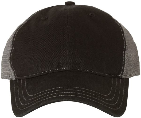 Am image of a Custom Richardson Garment Washed Trucker Cap in Black/Charcoal!