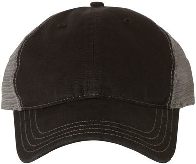 Am image of a Custom Richardson Garment Washed Trucker Cap in Black/Charcoal!