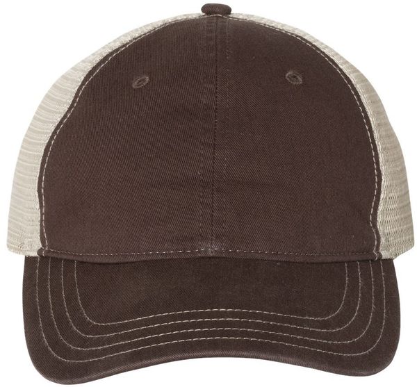 Am image of a Custom Richardson Garment Washed Trucker Cap in Brown/Khaki!