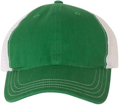 Am image of a Custom Richardson Garment Washed Trucker Cap in Kelly/White!