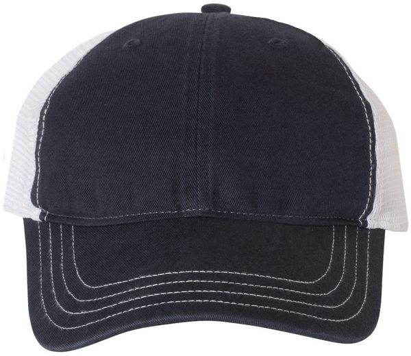 Am image of a Custom Richardson Garment Washed Trucker Cap in Navy/White!