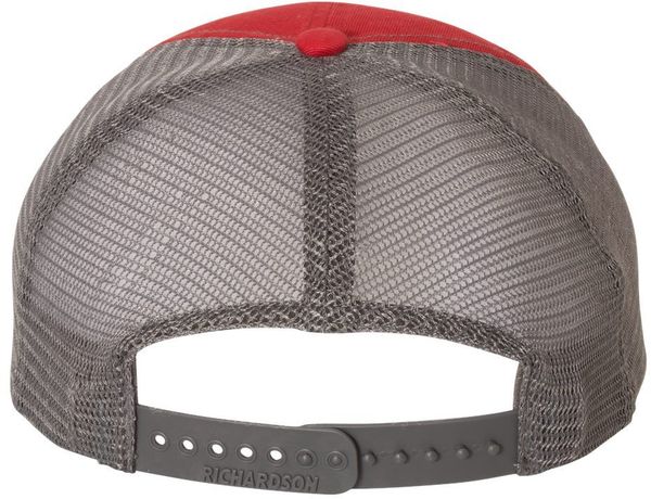 An image of a Custom Richardson Garment Washed Trucker Cap in Red/Charcoal!