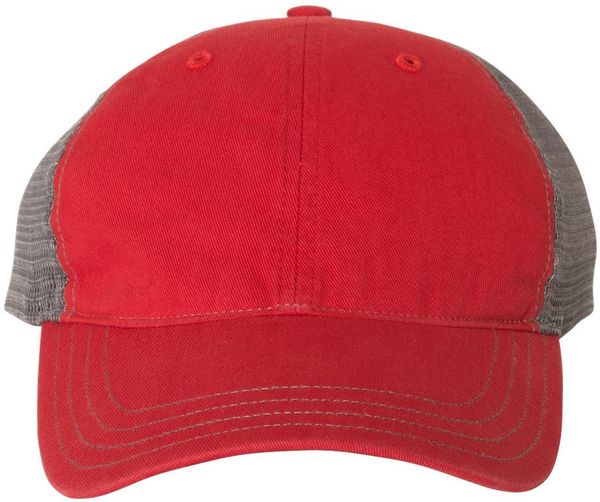 An image of a Custom Richardson Garment Washed Trucker Cap in Red/Charcoal!
