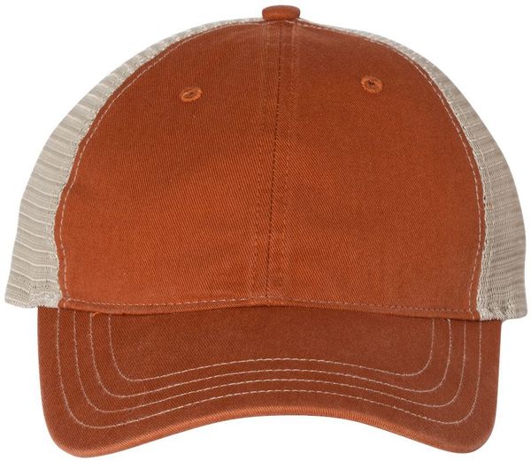 An image of a Custom Richardson Garment Washed Trucker Cap in Texas Orange/Khaki!