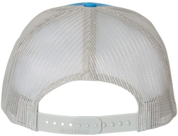 Am image of a Custom Richardson Five Panel Trucker in Cobalt Blue/Grey!