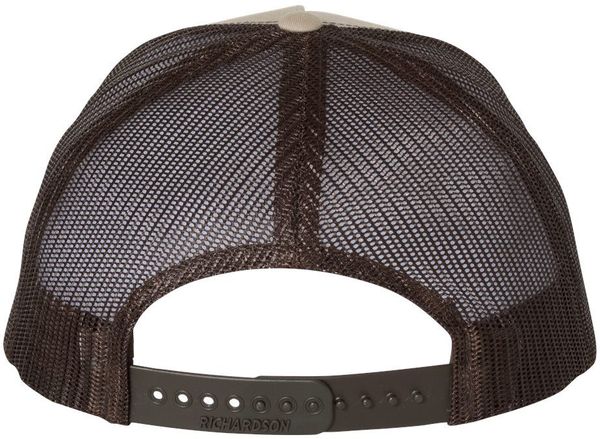 An image of a Custom Richardson Five Panel Trucker in Khaki/Coffee!