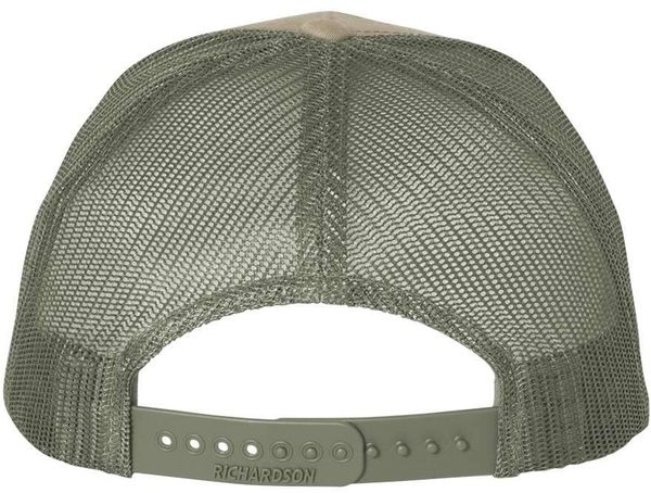 Am image of a Custom Richardson Five Panel Trucker in Pale Khaki/Loden Green!