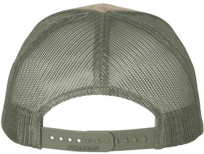 Am image of a Custom Richardson Five Panel Trucker in Pale Khaki/Loden Green!