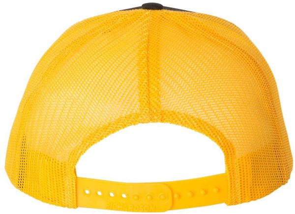 Am image of a Custom Richardson Snapback Trucker Cap in Black/Gold!