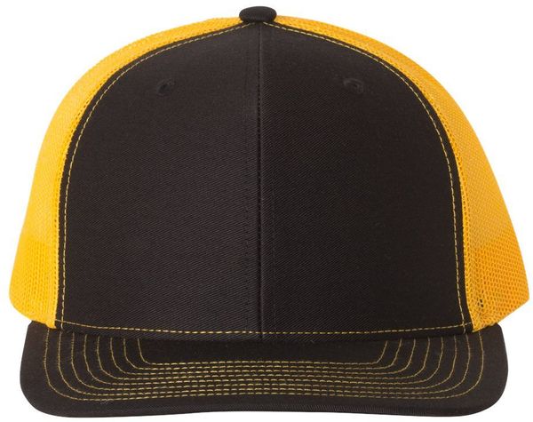 Am image of a Custom Richardson Snapback Trucker Cap in Black/Gold!