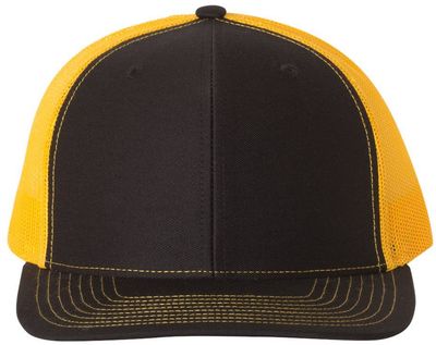 Am image of a Custom Richardson Snapback Trucker Cap in Black/Gold!