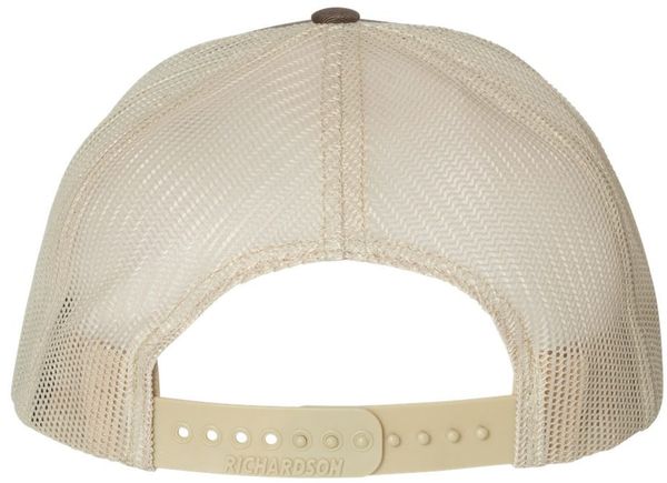 Am image of a Custom Richardson Snapback Trucker Cap in Brown/Khaki!