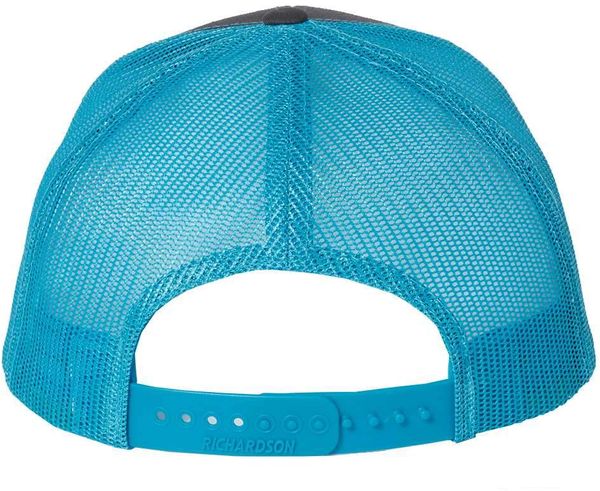 An image of a Custom Richardson Snapback Trucker Cap in Charcoal/Neon Blue!