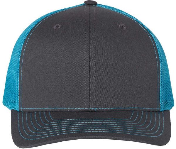 An image of a Custom Richardson Snapback Trucker Cap in Charcoal/Neon Blue!