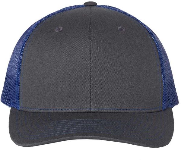 Am image of a Custom Richardson Snapback Trucker Cap in Charcoal/Royal!