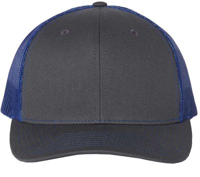 Am image of a Custom Richardson Snapback Trucker Cap in Charcoal/Royal!