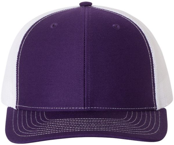 Am image of a Custom Richardson Snapback Trucker Cap in Purple/White!