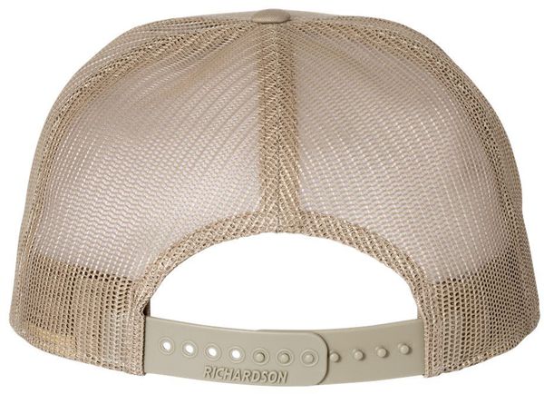 Am image of a Custom Richardson Seven Panel Trucker Cap in Brown/Khaki!