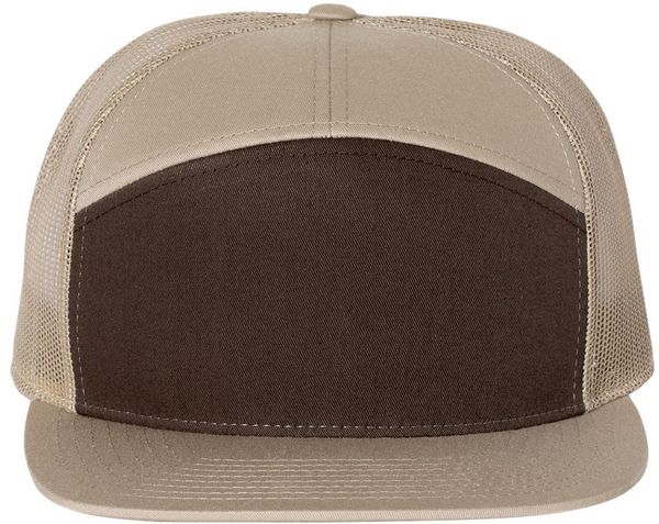 Am image of a Custom Richardson Seven Panel Trucker Cap in Brown/Khaki!